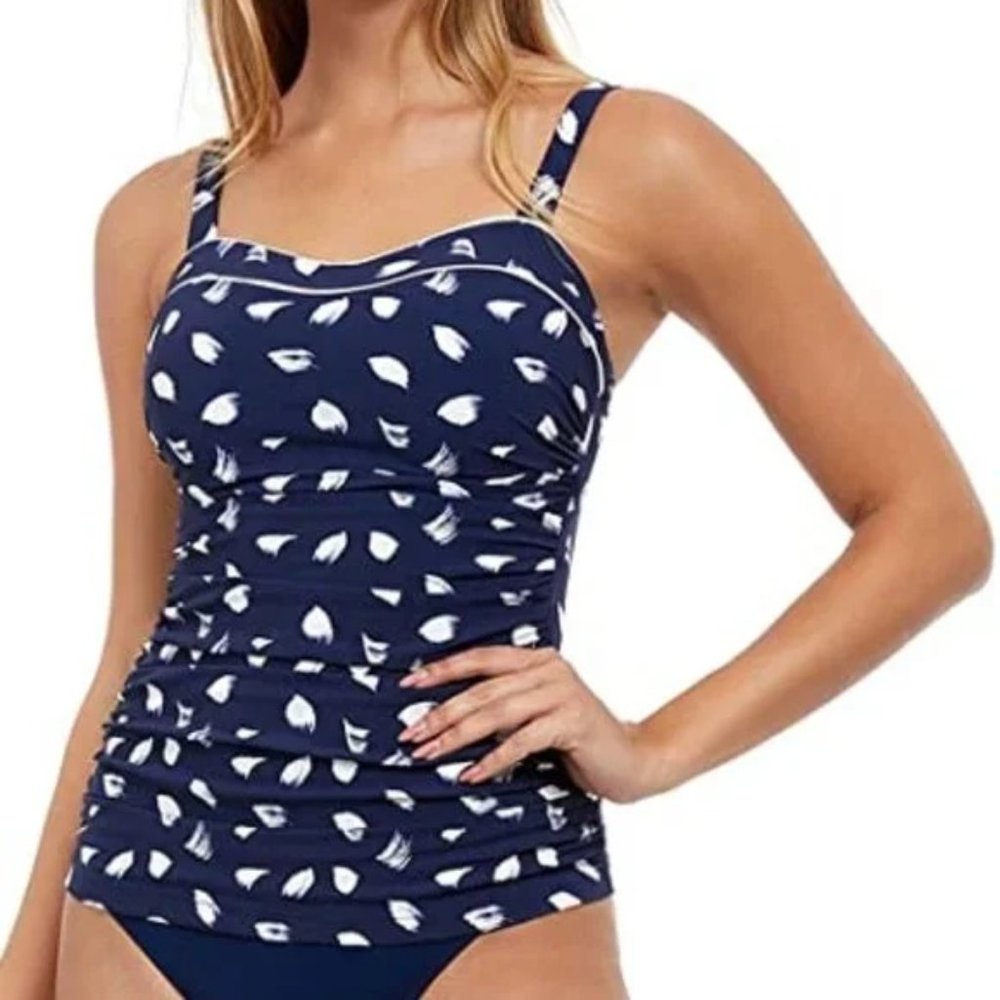 NWT Profile by Gottex Scoop Neck Shirred Underwire Tankini Top, Navy & White,34D